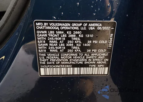 2022 Volkswagen Atlas 2.0T Se from USA, damaged, VIN 1V2LP2CA3NC552802